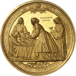 Second Empire / Napoléon III (1852-1870). Médaille d’or, visites de l’Empereur et de l’Impératrice lors de l’épidémie de choléra à l’Hôtel-Dieu et à l’hospice Beaujon, par Borrel 1865, Paris.
