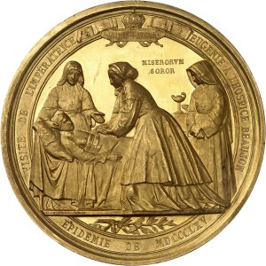 Second Empire / Napoleon III (1852-1870). Gold medal, visits by the Emperor and Empress during the cholera epidemic at Hôtel-Dieu and Hospice Beaujon, by Borrel 1865, Paris.
