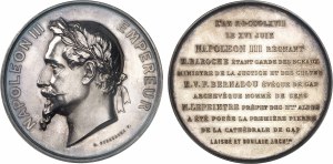 Second Empire / Napoleon III (1852-1870). Set of two medals, silver and copper, laying the foundation stone of Gap Cathedral, by H. Ponscarme 1867, Paris.