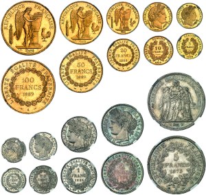IIIe République (1870-1940). Original boxed set, Monnaies nationales including 100, 50, 20, 10 and 5 francs in gold; 5, 2, 1 francs in silver, 50 and 20 centimes in silver, 10, 5, 2 and 1 centime in bronze, browned blanks [9 examples] 1889, Paris.