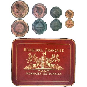 IIIe République (1870-1940). Coffret d’origine, Monnaies nationales comprenant 100, 50, 20, 10 et 5 francs en Or ; 5, 2, 1 francs en argent, 50 et 20 centimes en argent, 10, 5, 2 et 1 centime en bronze, Flans brunis [9 exemplaires] 1889, Paris.