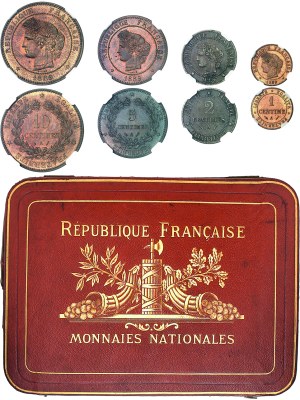 IIIe République (1870-1940). Original boxed set, Monnaies nationales including 100, 50, 20, 10 and 5 francs in gold; 5, 2, 1 francs in silver, 50 and 20 centimes in silver, 10, 5, 2 and 1 centime in bronze, browned blanks [9 examples] 1889, Paris.