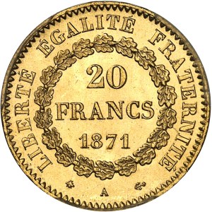 IIIe République (1870-1940). 20 francs Génie 1871, A, Paris.