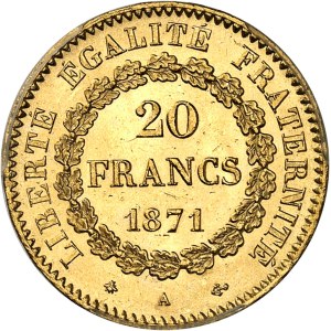 IIIe République (1870-1940). 20 francs Génie 1871, A, Paris.