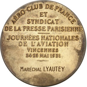 IIIe République (1870-1940). Médaille de vermeil, Journées nationales de l’aviation au Maréchal Lyautey, par S. Grun 1931, Paris.