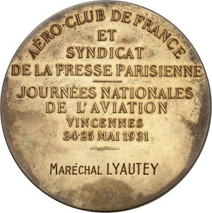 IIIe République (1870-1940). Vermeil medal, Journées nationales de l'aviation au Maréchal Lyautey, by S. Grun 1931, Paris.