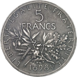 IIIe République (1870-1940). Trial of 5 francs Semeuse, matt blank, Frappe spéciale (SP) 1898, Paris.