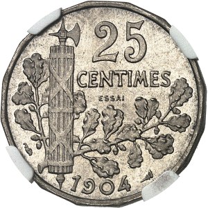 IIIe République (1870-1940). Essai de 25 centimes Patey 2e type, avec différents, tranche à 16 pans 1904, Paris.