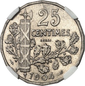 Third Republic (1870-1940). Test of 25 centimes Patey 2e type, with different types, slice at 18 pans 1904, Paris.