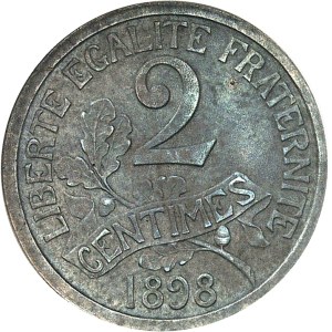IIIe République (1870-1940). Épreuve de 2 centimes Daniel-Dupuis, avec le ruban, Flan bruni (PROOF) 1898, Paris.