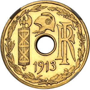 IIIe République (1870-1940). Essai en Or de 5 centimes, concours de Ch. Pillet 1913, A, Paris.