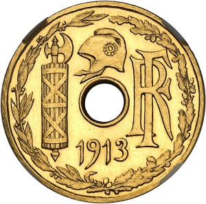IIIe République (1870-1940). Essai en Or de 5 centimes, Ch. Pillet competition 1913, A, Paris.