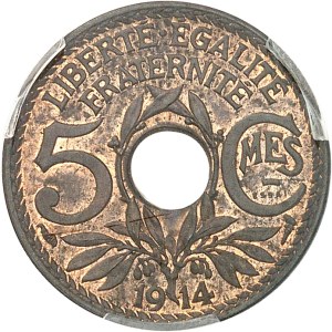 Third Republic (1870-1940). Bronze Lindauer 5-centime trial 1914, Paris.