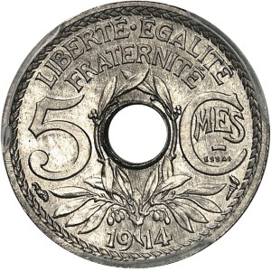IIIe République (1870-1940). Essai de 5 centimes Lindauer, Frappe spéciale (SP) 1914, Paris.