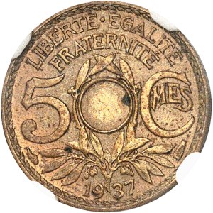 IIIe République (1870-1940). Épreuve de 5 centimes Lindauer, petit module, en bronze-aluminium, non perforé 1937, Paris.