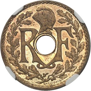 IIIe République (1870-1940). Proof of 5 Lindauer centimes, small module, bronze-aluminum, perforated 1937, Paris.