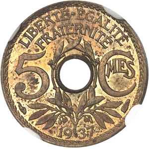 IIIe République (1870-1940). Épreuve de 5 centimes Lindauer, petit module, en bronze-aluminium, perforé 1937, Paris.