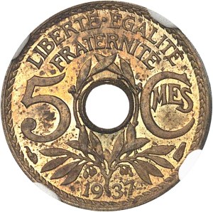IIIe République (1870-1940). Proof of 5 Lindauer centimes, small module, bronze-aluminum, perforated 1937, Paris.