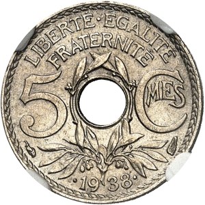 IIIe République (1870-1940). 5 centimes Lindauer, variété à l’étoile 1938, Paris.
