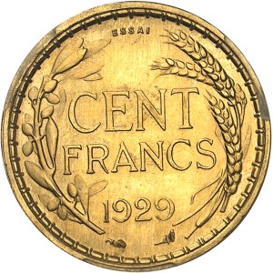 IIIe République (1870-1940). Essai de 100 francs, en Or, concours de 1929, par Morlon, Frappe spéciale (SP) 1929, Paris.
