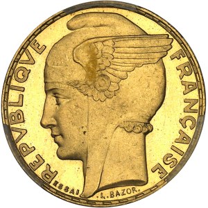 IIIe République (1870-1940). Essai de 100 francs Bazor, en cuivre doré, Frappe spéciale (SP) 1935, Paris.