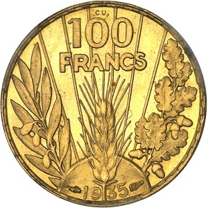 IIIe République (1870-1940). Essai de 100 francs Bazor, en cuivre doré, Frappe spéciale (SP) 1935, Paris.