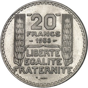 IIIe République (1870-1940). Essai de 20 francs Turin en nickel, de poids faible, Frappe spéciale (SP) 1938, Paris.