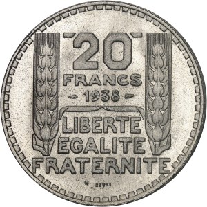 IIIe République (1870-1940). Essai de 20 francs Turin en nickel, de poids faible, Frappe spéciale (SP) 1938, Paris.