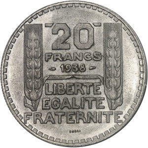 IIIe République (1870-1940). Essai de 20 francs Turin en nickel, de poids faible, Frappe spéciale (SP) 1938, Paris.