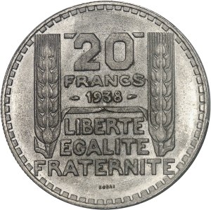 IIIe République (1870-1940). Essai de 20 francs Turin en nickel, de poids faible, Frappe spéciale (SP) 1938, Paris.