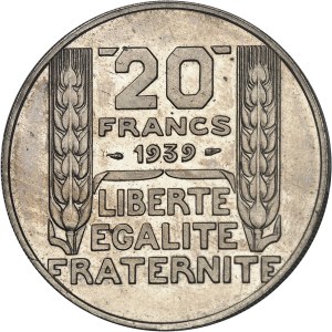 IIIe République (1870-1940). Proof of 20 francs Turin in cupro-nickel, small module, Frappe spéciale (SP) 1939, Paris.