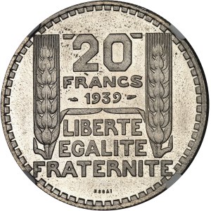 IIIe République (1870-1940). Essai de 20 francs Turin en cupro-nickel, tranche cannelée, Frappe spéciale (SP) 1939, Paris.