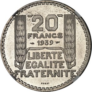 IIIe République (1870-1940). Trial of 20 francs Turin in cupro-nickel, fluted edge, Frappe spéciale (SP) 1939, Paris.