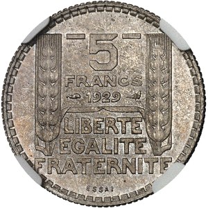 IIIe République (1870-1940). Essai de 5 francs Turin en argent 1929, Paris.