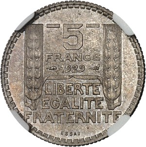 IIIe République (1870-1940). Essai de 5 francs Turin en argent 1929, Paris.
