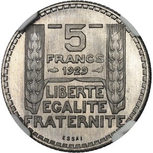 IIIe République (1870-1940). Essai de frappe de 5 francs Turin en nickel 1929, Paris.