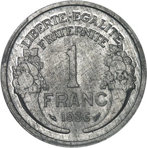 IIIe République (1870-1940). Proof of 1 franc Morlon in heavyweight aluminum, Frappe spéciale (SP) 1936, Paris.
