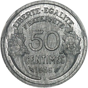IIIe République (1870-1940). Épreuve de 50 centimes Morlon en aluminium, Frappe spéciale (SP) 1936, Paris.