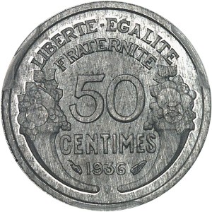 IIIe République (1870-1940). Proof of 50 centimes Morlon in aluminum, Frappe spéciale (SP) 1936, Paris.