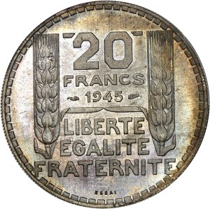 Provisional Government of the French Republic (1944-1946). Essai de 20 francs Turin en argent, rameaux courts, Frappe spéciale (SP) 1945, Paris.