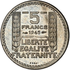 Gouvernement provisoire de la République française (1944-1946). Essai de 5 francs Turin en bronze-nickel 1945, Paris.