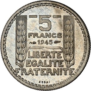 Provisional Government of the French Republic (1944-1946). Trial of 5 francs Turin in bronze-nickel 1945, Paris.