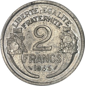 Provisional Government of the French Republic (1944-1946). Proof of 2 francs Morlon in silver at 700 ‰, Frappe spéciale (SP) 1945, Paris.