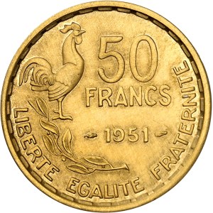 IVe République (1947-1958). Épreuve de 50 francs Guiraud en or 1951, Paris.