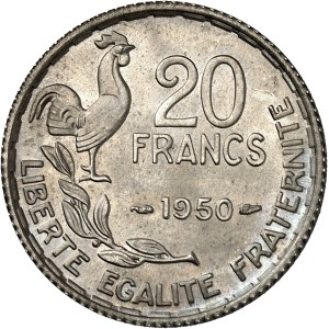 IVe République (1947-1958). Épreuve de 20 francs Georges Guiraud en argent, avec trois plumes 1950, Paris.