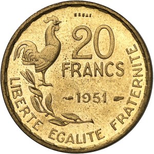 IVe République (1947-1958). Essai de 20 francs G. Guiraud en cupro-aluminium 1951, Paris.