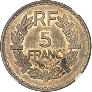 IVe République (1947-1958). 5 francs Lavrillier en cupro-aluminium 1947, Paris.