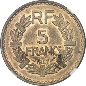IVth Republic (1947-1958). 5 francs Lavrillier in cupro-aluminium 1947, Paris.