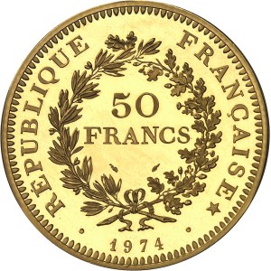 Ve République (1958 à nos jours). Piéfort de 50 francs Hercule en or, Flan bruni (PROOF) 1974, Pessac.