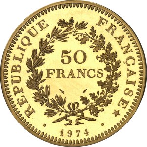 Fifth Republic (1958 to present). Piéfort 50 francs Hercule en or, Flan bruni (PROOF) 1974, Pessac.